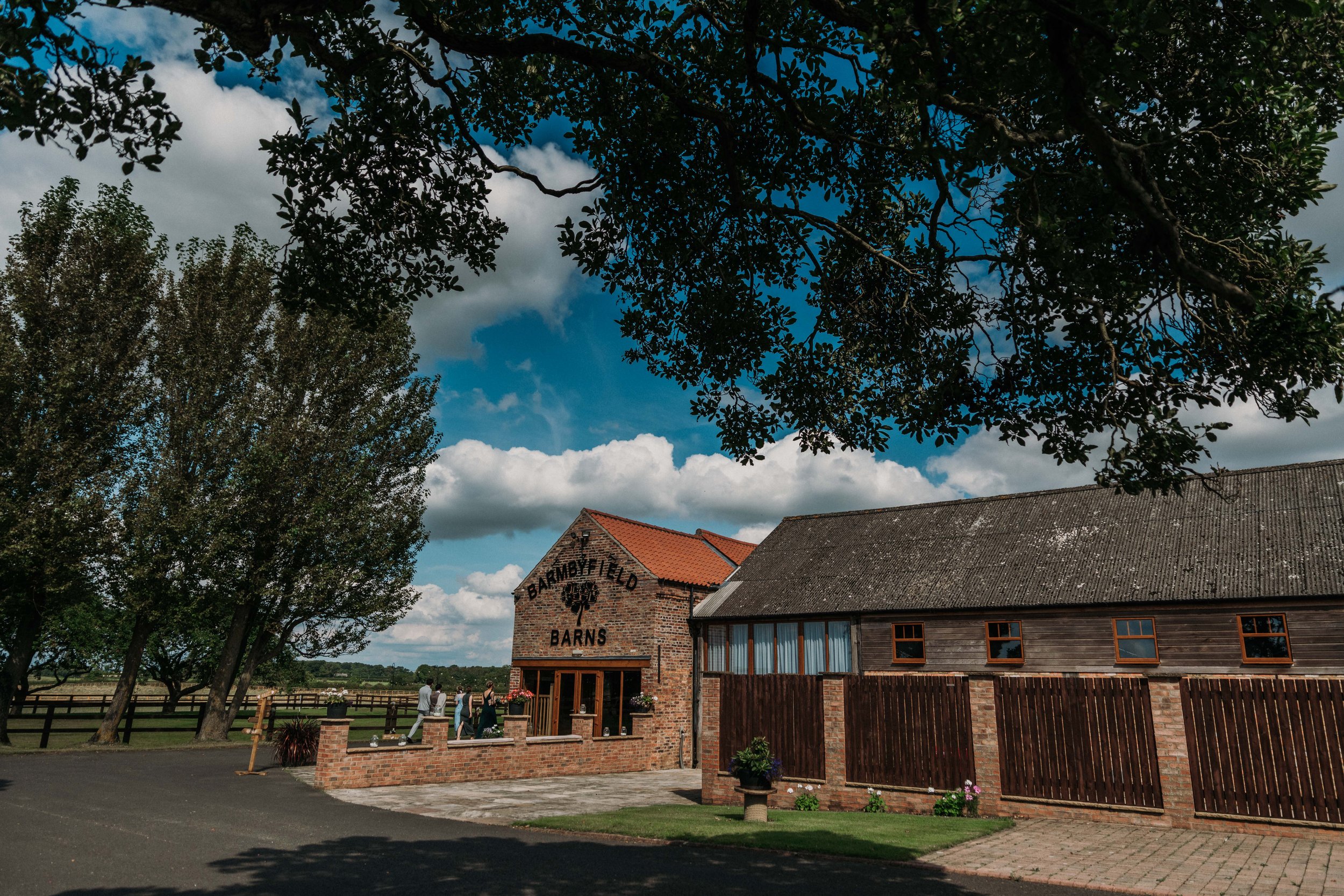 The barns framed by an oak tree and lawns
